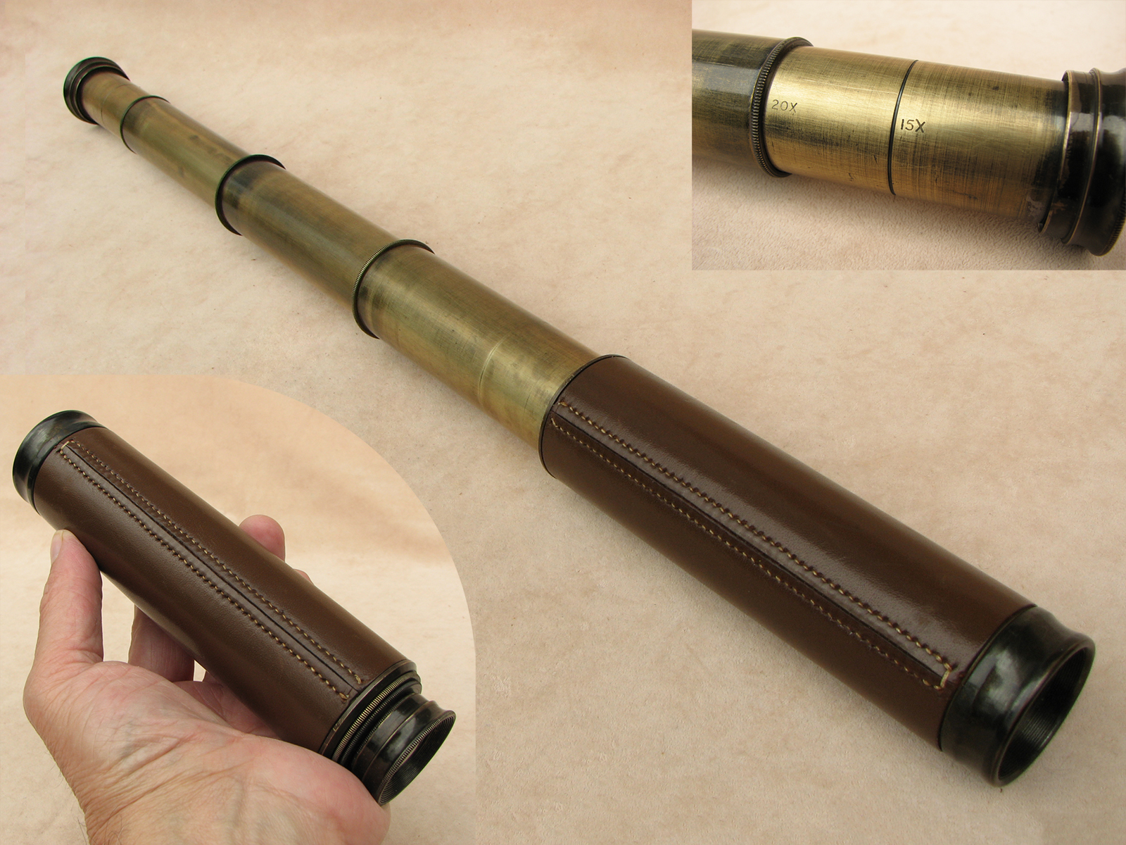 3 draw leather clad pocket telescope with pancratic tube to 20x magnification.
